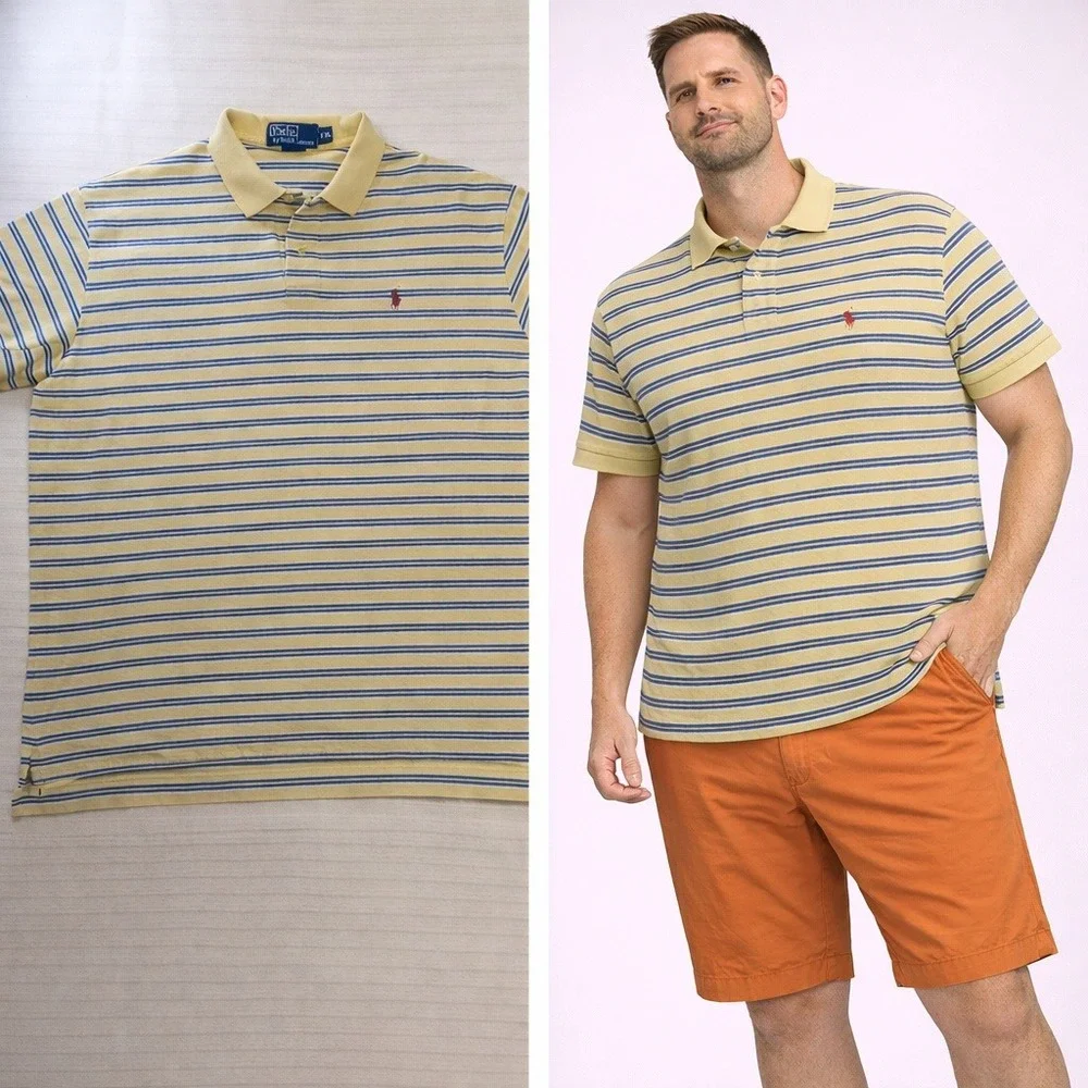 Polo Ralph Lauren‎ Mens XXL Yellow Blue Striped Short Sleeve Pique Polo Shirt